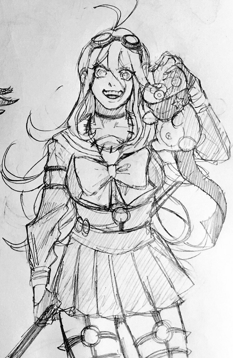 1girl :d antenna_hair barbed_wire baru_(bar_0405) bow bowtie breasts character_request check_character choker danganronpa_(series) danganronpa_v3:_killing_harmony gloves goggles goggles_on_head greyscale grin hair_between_eyes holding iruma_miu large_breasts miniskirt monochrome monotaro_(danganronpa) o-ring open_mouth sailor_collar school_uniform skirt smile stuffed_animal stuffed_toy teddy_bear teeth upper_teeth_only