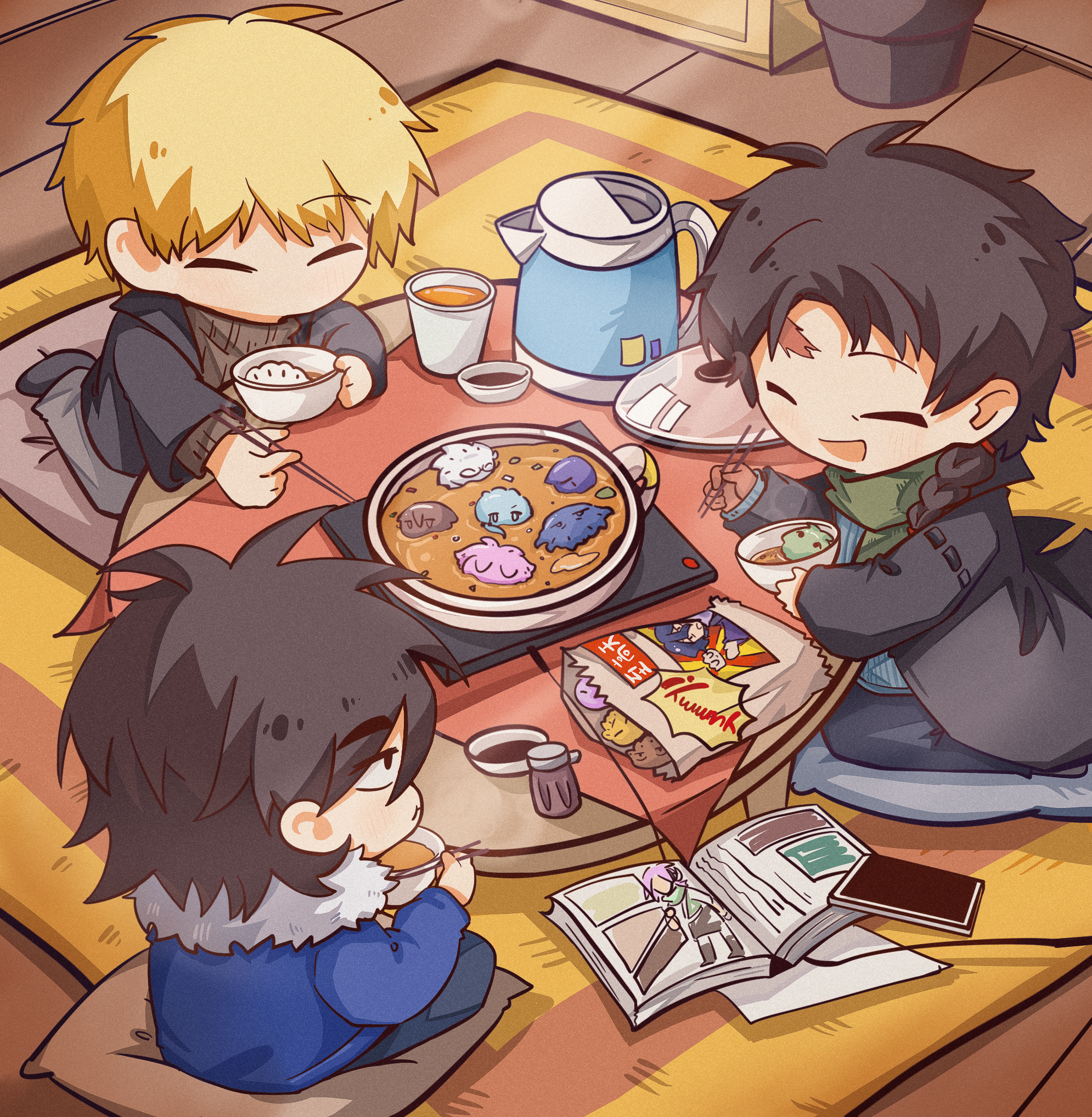 3boys aiba_ibuki atou_haruki bag black_coat black_hair black_jacket black_socks blonde_hair blue_jacket blue_sweater book bowl braid cable character-themed_food chewing chibi chibi_only chinese_commentary chopsticks closed_eyes closed_mouth coat commentary_request dita_iliner dumpling enomoto_noa film_grain food fur-trimmed_jacket fur_trim grey_pants harada_minoru hatsutori_hajime highres holding holding_bowl holding_chopsticks indoors isoi_rai isoi_reiji jabuchi_you jacket kanou_aogu lapels lid long_hair male_focus medium_hair multiple_boys on_pillow open_book open_clothes open_jacket open_mouth pants paper_bag pillow pitcher_(container) ribbed_sweater rock_yin rug saibou_shinkyoku sanpaku scar scar_on_face scar_on_forehead short_hair side_braid single_braid sitting smile socks soup sweater theodore_riddle turtleneck turtleneck_sweater utsugi_noriyuki