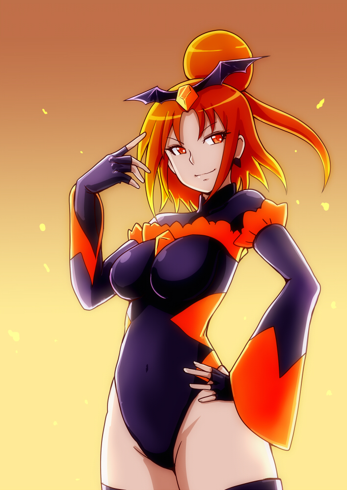 10s 1girl alternate_costume bad_end_precure bad_end_sunny bakusai black_gloves black_thighhighs bodysuit boots breasts cleavage dark_persona diamond_(shape) earrings female_focus fingerless_gloves frills gloves gradient_background groin hair_bun hair_ornament half_updo hand_on_own_hip happy jewelry large_breasts leotard looking_at_viewer magical_girl matching_hair/eyes orange_background orange_eyes orange_hair precure short_hair single_hair_bun smile smile_precure! solo standing thick_thighs thigh_boots thighhighs thighs wide_sleeves wings
