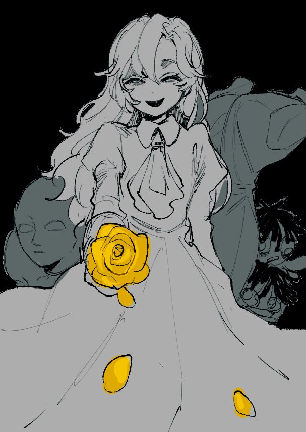 1girl ^_^ ^o^ ascot black_background closed_eyes collared_dress doll dress evil_smile facing_viewer feet_out_of_frame flower giving greyscale hair_between_eyes hoge_(n8sss) holding holding_flower ib_(kouri) juliet_sleeves long_hair long_sleeves mannequin mary_(ib) monochrome petals puffy_sleeves rose simple_background smile solo spot_color yellow_flower yellow_rose