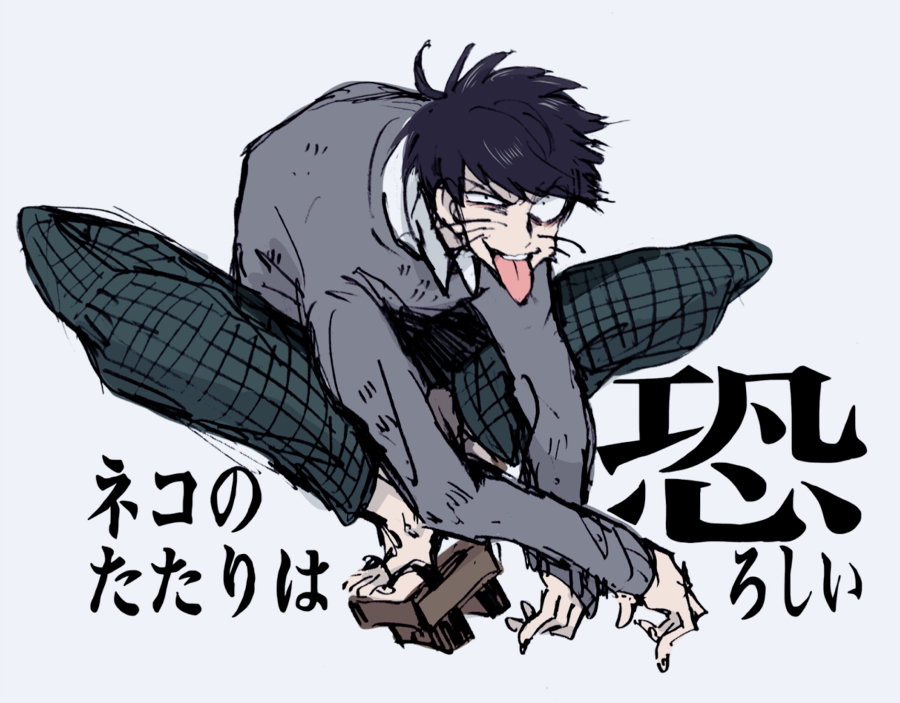 1boy butterfly_sitting collared_shirt episode_title geta grey_sweater looking_at_viewer man_born_in_the_year_of_the_rat_(osomatsu-kun) moge_(moge_morgen) osomatsu-kun osomatsu_(series) pants plaid_clothes plaid_pants shirt sitting sweater tengu-geta tongue tongue_out whiskers