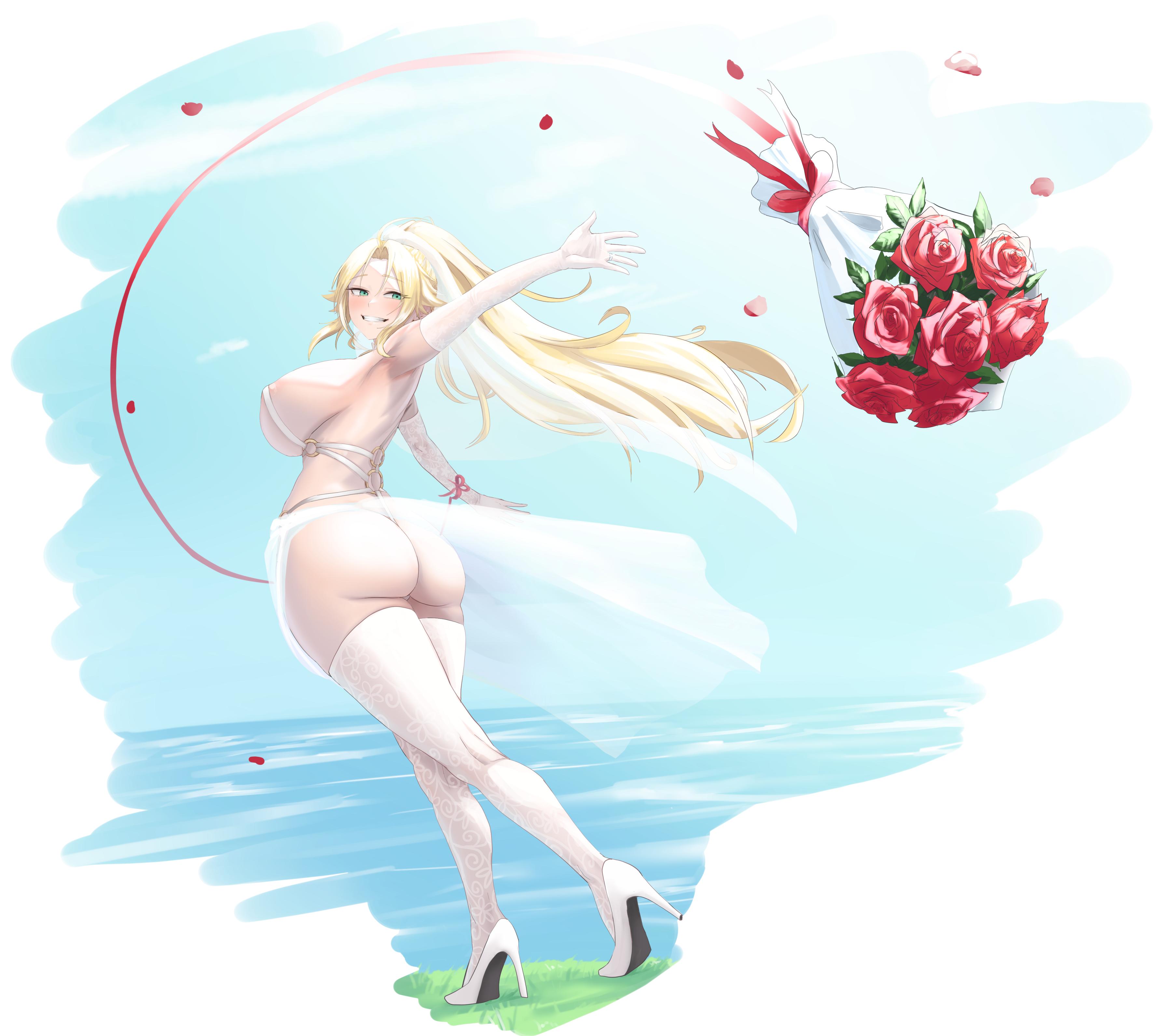 1girl absurdres armpits ass back barbariana_(last_origin) blonde_hair blue_eyes blue_sky bouquet breasts bridal_veil bride curvy dryseaweed elbow_gloves flower from_behind gloves high_heels high_ponytail highres huge_breasts last_origin long_hair mature_female outdoors ponytail revealing_clothes sky thighhighs thighs veil water white_footwear white_gloves