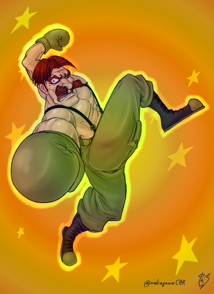 1boy abs artist_name black_footwear boxing boxing_gloves brown_hair commentary_request facial_hair foreshortening green_pants male_focus mole mole_under_eye muscular mustache nakagawa_rui nintendo nipples orange_background pants punch-out!! solo suspenders twitter_username von_kaiser