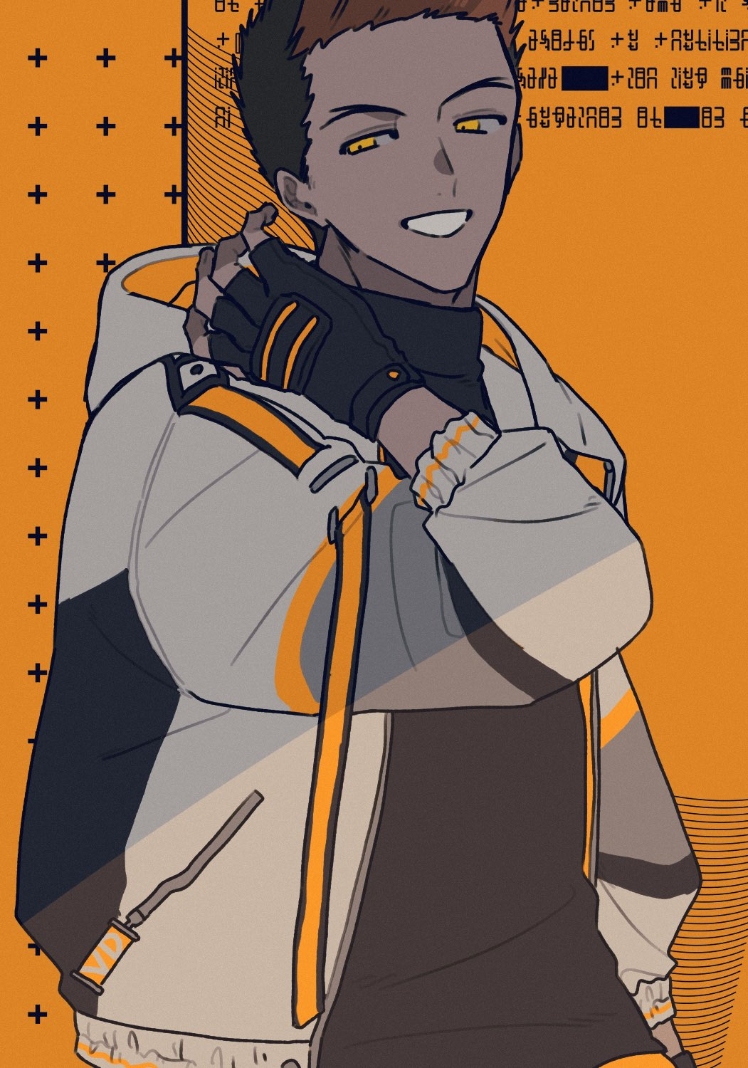 1boy 2_0_hatsu black_gloves black_hair black_shirt brown_hair fingerless_gloves from_side gloves hand_up highres hood hood_down hooded_jacket jacket kanda_tadaomi long_sleeves looking_at_viewer male_focus multicolored_hair open_clothes open_jacket orange_background orange_eyes shirt short_hair smile solo turtleneck two-tone_hair upper_body white_jacket world_trigger