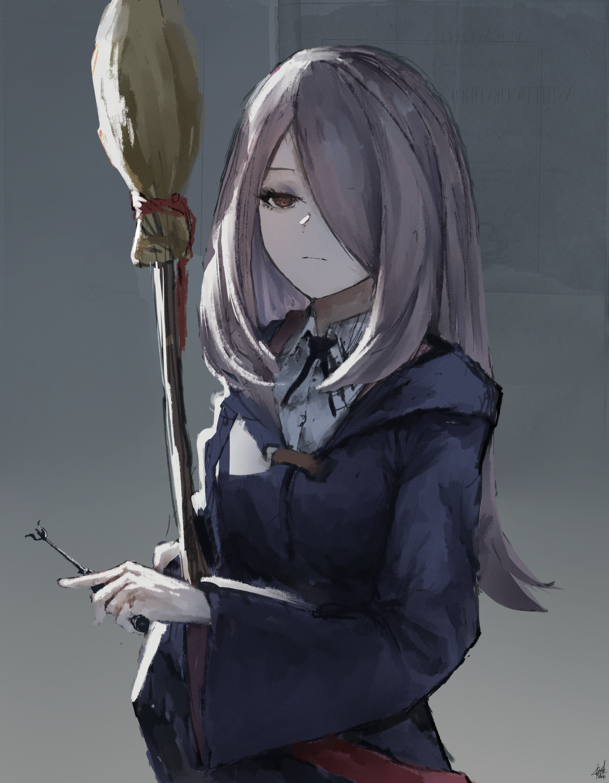 1girl absurdres black_ribbon blue_coat broom closed_mouth coat fork hair_over_one_eye highres holding holding_broom holding_fork kyatto-mikazu little_witch_academia looking_at_viewer pink_hair red_eyes ribbon shaded_face shirt sucy_manbavaran white_shirt wide_sleeves