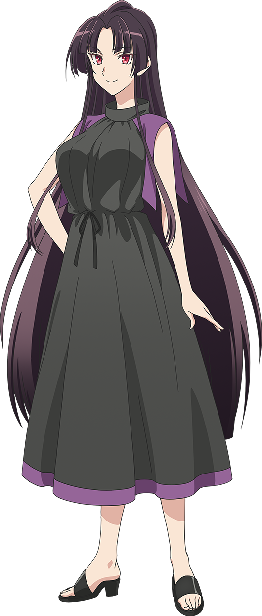 1girl bare_arms black_dress black_hair black_ribbon black_sandals breasts curtained_hair dress full_body hand_on_own_hip high_heel_sandals high_heel_slides high_heels highres large_breasts legs_apart long_dress long_hair long_sidelocks looking_at_viewer nihon_e_youkoso_elf-san. official_art parted_bangs purple_trim red_eyes ribbon sandals sidelocks sleeveless sleeveless_dress slides smile solo split_mouth standing tachi-e transparent_background very_long_hair very_long_sidelocks waist_ribbon wridra