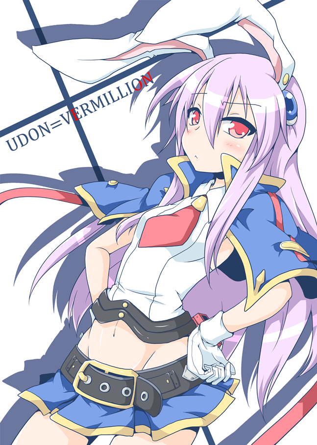 1girl animal_ears arc_system_works belt blazblue blazblue:_chronophantasma capelet cosplay female_focus gloves groin hair_ornament long_hair microskirt midriff navel necktie neko_yume noel_vermillion noel_vermillion_(cosplay) purple_hair rabbit_ears red_eyes red_necktie reisen_udongein_inaba skirt solo touhou white_gloves