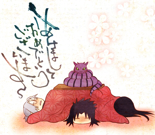 3boys black_hair colored_sclera face_down flower_print glasses grey_hair kanenote long_hair lowres lying manda_(naruto) multiple_boys naruto_(classic) naruto_(series) on_back on_stomach orochimaru_(naruto) round_eyewear sleeping snake spiked_hair table tagme uchiha_sasuke under_table yakushi_kabuto