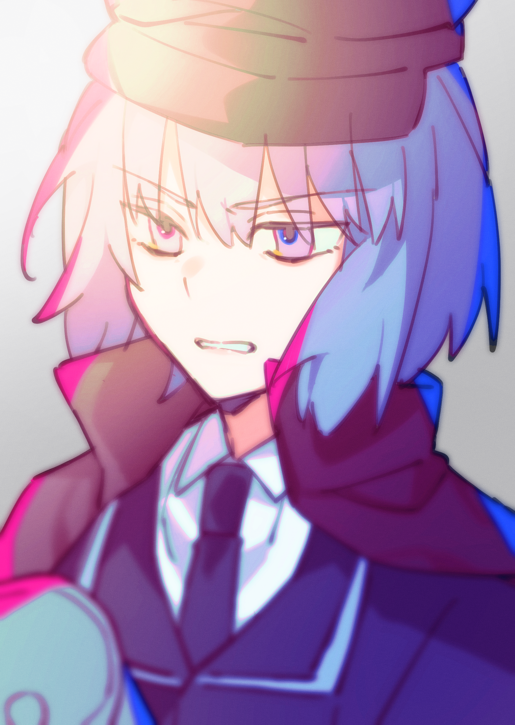 1girl absurdres black_headwear black_jacket black_necktie clenched_teeth collared_shirt commentary_request cookie_(touhou) geru_futota hair_between_eyes highres jacket megaphone necktie nicoseiga124824170 purple_eyes purple_hair remilia_scarlet shirt short_hair solo teeth touhou upper_body white_shirt