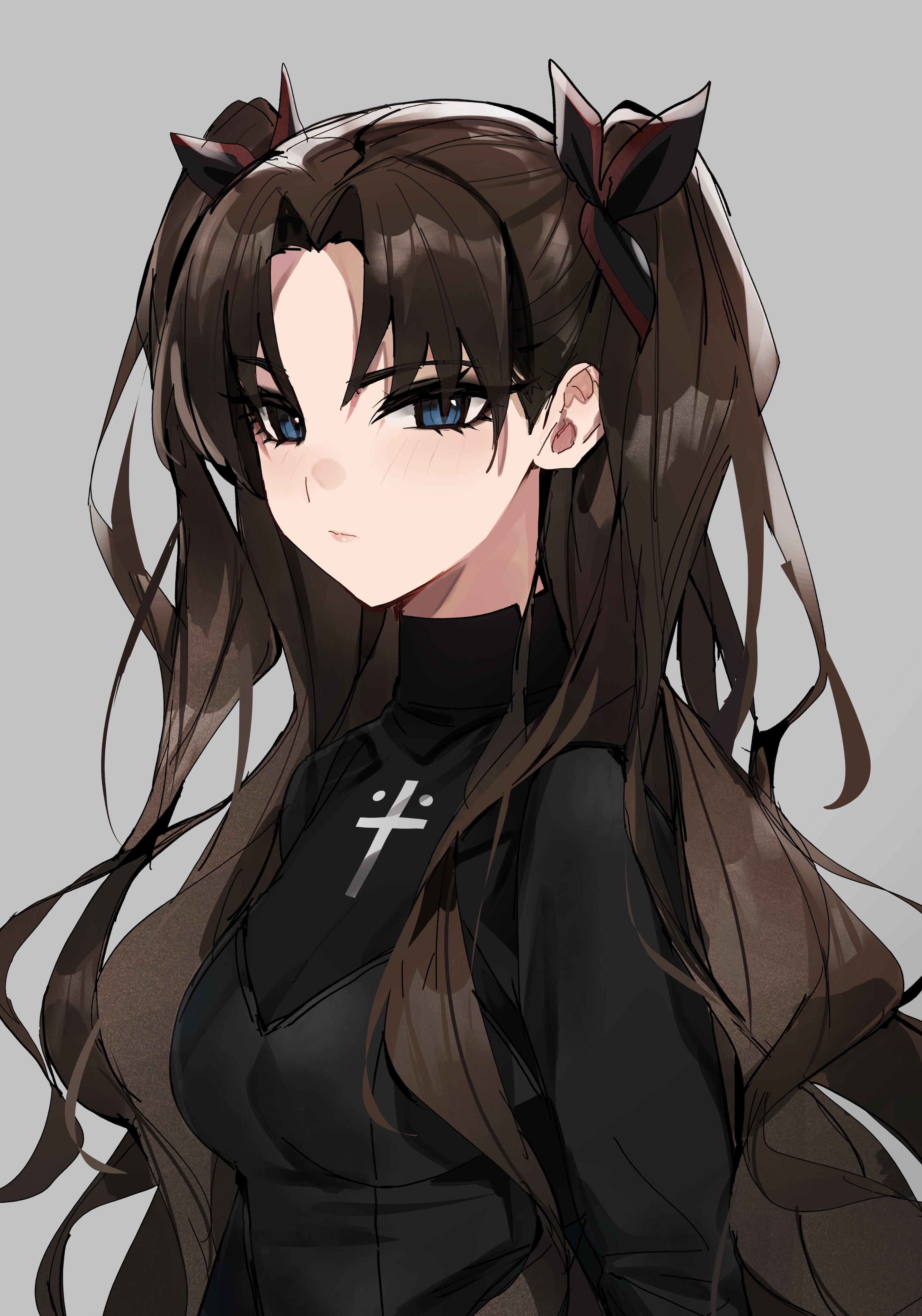 1girl absurdres black_hair black_ribbon black_sweater blue_eyes closed_mouth commentary cross cross_print english_commentary fate/extra fate/extra_record fate_(series) grey_background hair_ribbon highres kanniiepan latin_cross long_hair long_sleeves looking_at_viewer parted_bangs ribbon simple_background solo sweater tohsaka_rin tohsaka_rin_(fate/extra) turtleneck turtleneck_sweater two_side_up very_long_hair