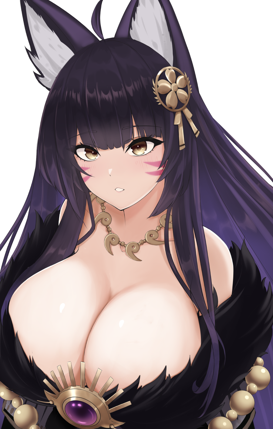 1girl animal_ears azur_lane bare_shoulders breasts cleavage facial_mark fox_ears fox_girl fur_trim hair_ornament highres jewelry large_breasts long_hair looking_at_viewer musashi_(azur_lane) necklace off_shoulder parted_lips purple_hair simple_background solo upper_body vik_(xypt7474) white_background yellow_eyes