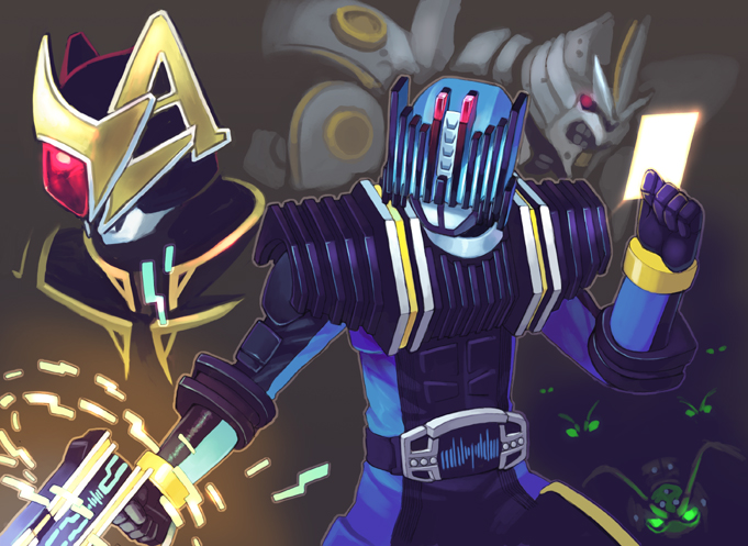 2boys belt card gun holding holding_card kamen_rider kamen_rider_blade_(series) kamen_rider_dcd kamen_rider_diend kamen_rider_glaive monster multiple_boys shigehiro_(hiroi_heya) weapon