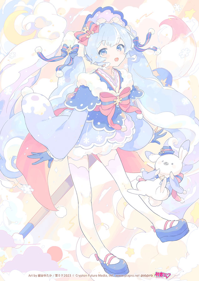1girl :d artist_name blue_eyes blue_hair blue_hat blue_shoes blush bonnet bow commentary_request copyright_notice crescent_moon full_body geta hat hatsune_miku japanese_clothes kimono kinutani_yutaka logo moon multicolored_hair musical_note official_art open_mouth paintbrush pink_bow pom_pom_(clothes) purple_kimono rabbit_yukine shoes smile snowflakes solo star_(symbol) streaked_hair thighhighs twintails vocaloid white_hair white_thighhighs yuki_miku yuki_miku_(2023)