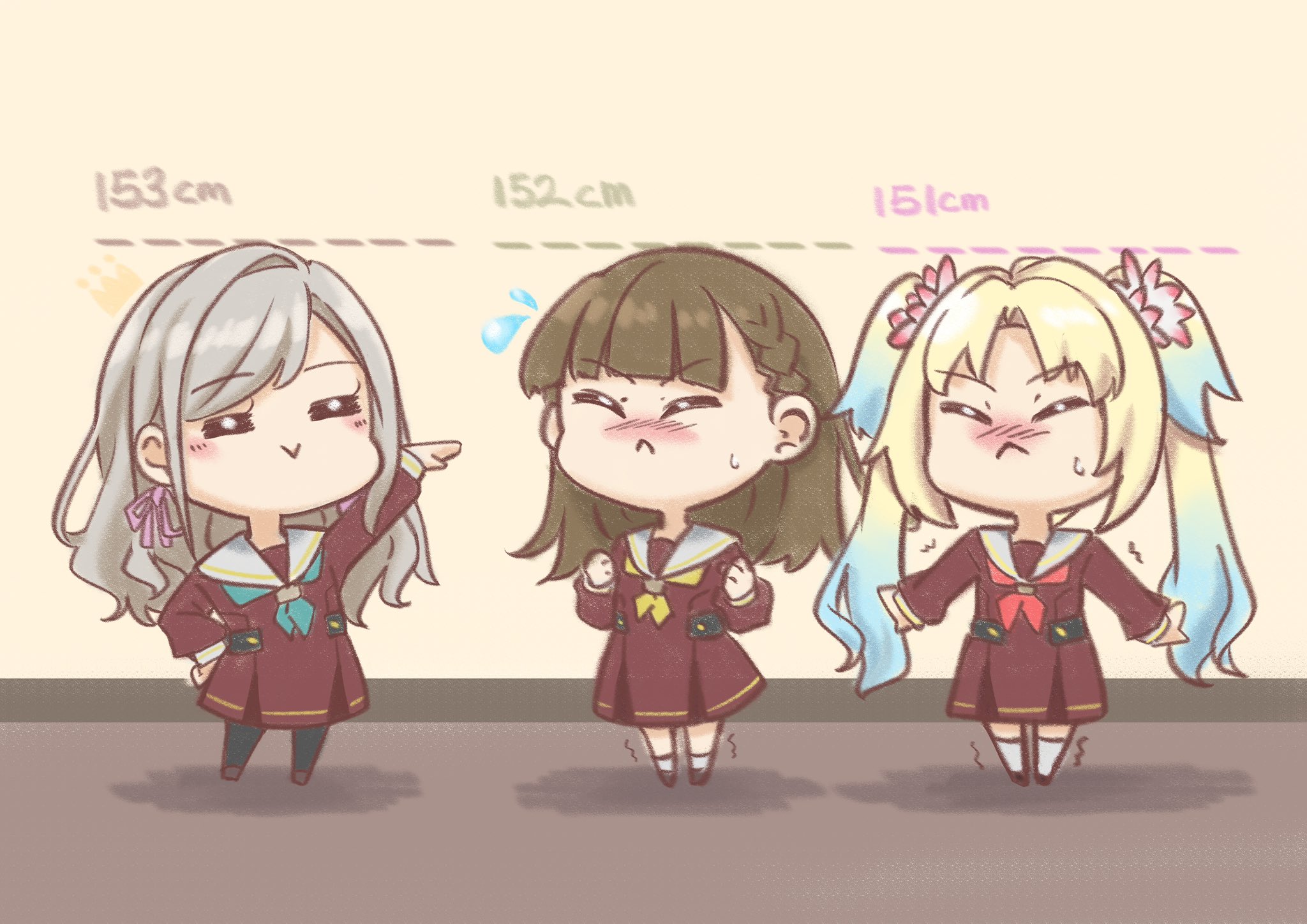 3girls :> :< :c =_= aqua_neckerchief arm_up black_pantyhose blonde_hair blue_hair blush braid brown_dress brown_hair brown_shoes center-flap_bangs ceras_yanagida_lilienfeld chibi chibi_only clenched_hands closed_mouth commentary dotted_line drawn_crown dress flower flying_sweatdrops gradient_hair grey_hair hair_flower hair_ornament hair_ribbon hand_on_own_hip hasu_no_sora_school_uniform height height_connection height_conscious height_envy highres kachimachi_kosuzu kneehighs link!_like!_love_live! long_hair long_sleeves love_live! matsurugi_tsukasa medium_dress multicolored_hair multiple_girls neckerchief nose_blush osawa_rurino outstretched_arm outstretched_arms pantyhose pink_flower pink_ribbon pleated_dress red_neckerchief ribbon sailor_collar sailor_dress school_uniform shadow shoes side_ahoge side_braids single_hair_intake smile smug socks swept_bangs tiptoes twintails two-tone_hair v-shaped_eyebrows v-shaped_eyes virtual_youtuber wavy_hair white_sailor_collar white_socks winter_uniform yellow_neckerchief