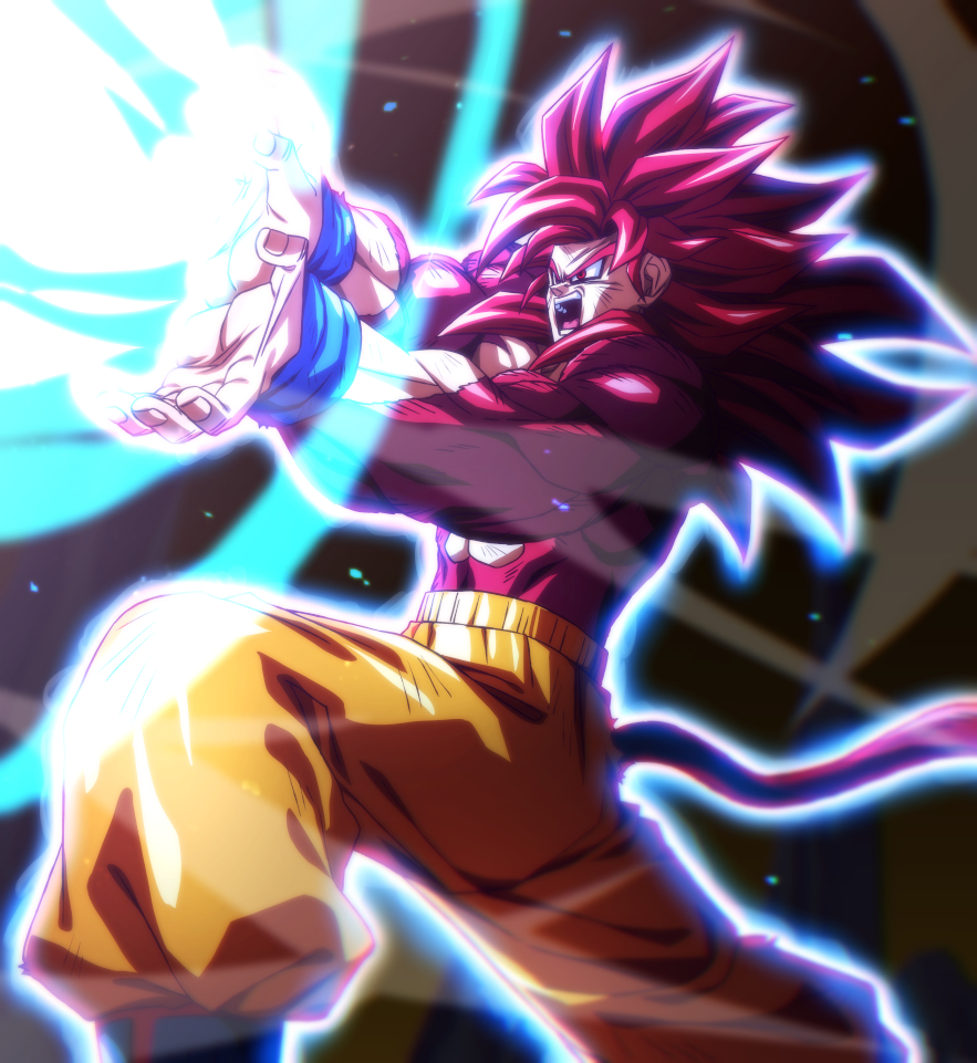 1boy aura black_eyeliner commentary_request dragon_ball dragon_ball_daima energy_beam eyeliner furrowed_brow kamehameha_(dragon_ball) makeup male_focus monkey_tail muscular muscular_male open_mouth orange_pants pants red_eyes red_fur red_hair rom_(20) solo son_goku super_saiyan super_saiyan_4 tail wristband