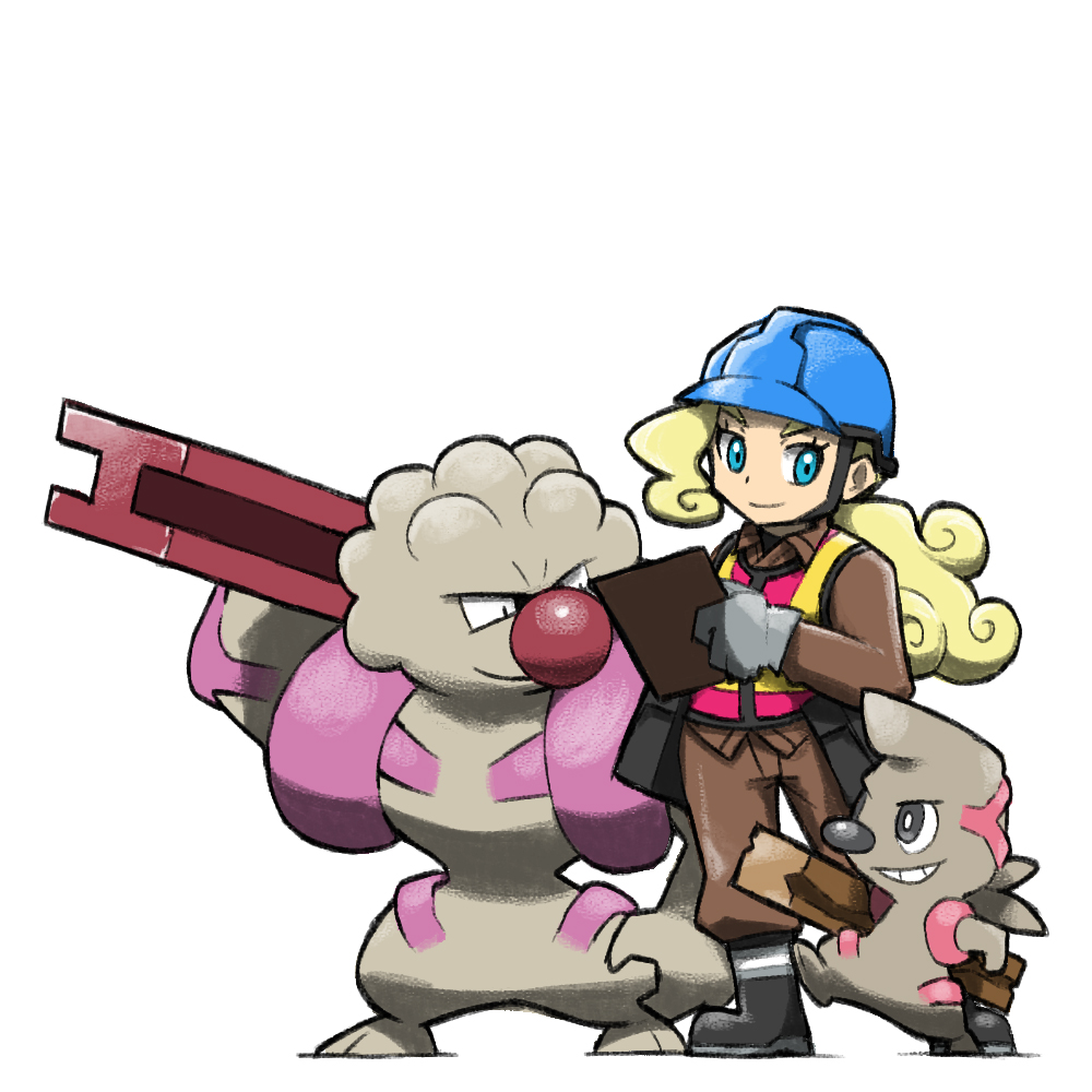 1girl black_footwear blacknirrow blonde_hair blue_eyes blue_helmet boots brown_pants brown_shirt clipboard closed_mouth collared_shirt curly_hair eyelashes gen_5_pokemon gloves grey_eyes grey_gloves grin gurdurr hard_hat helmet high-visibility_clothing high-visibility_vest holding holding_clipboard log long_hair nintendo pants pokemon pokemon_(creature) pokemon_swsh shirt simple_background smile standing steel_beam timburr white_background worker_(pokemon)