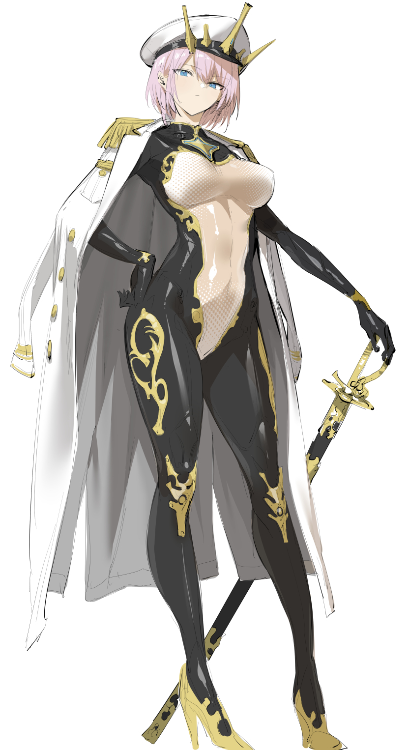 1girl black_bodysuit blue_eyes bodysuit breasts closed_mouth coat coat_on_shoulders full_body hair_between_eyes hand_on_own_hip hand_on_sheath hat high_heels highres hiiragi_yuuichi large_breasts looking_at_viewer military_coat military_hat open_clothes open_coat original pink_hair rapier short_hair sketch solo sword weapon white_background white_coat white_hat