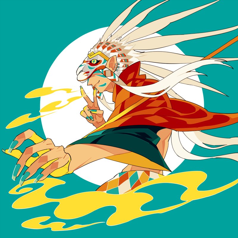 1boy blonde_hair chinese_zodiac crop_top edarow facepaint facing_to_the_side fang fang_out headdress long_hair male_focus monkey_hat original pointy_ears smile solo upper_body v very_long_hair year_of_the_monkey