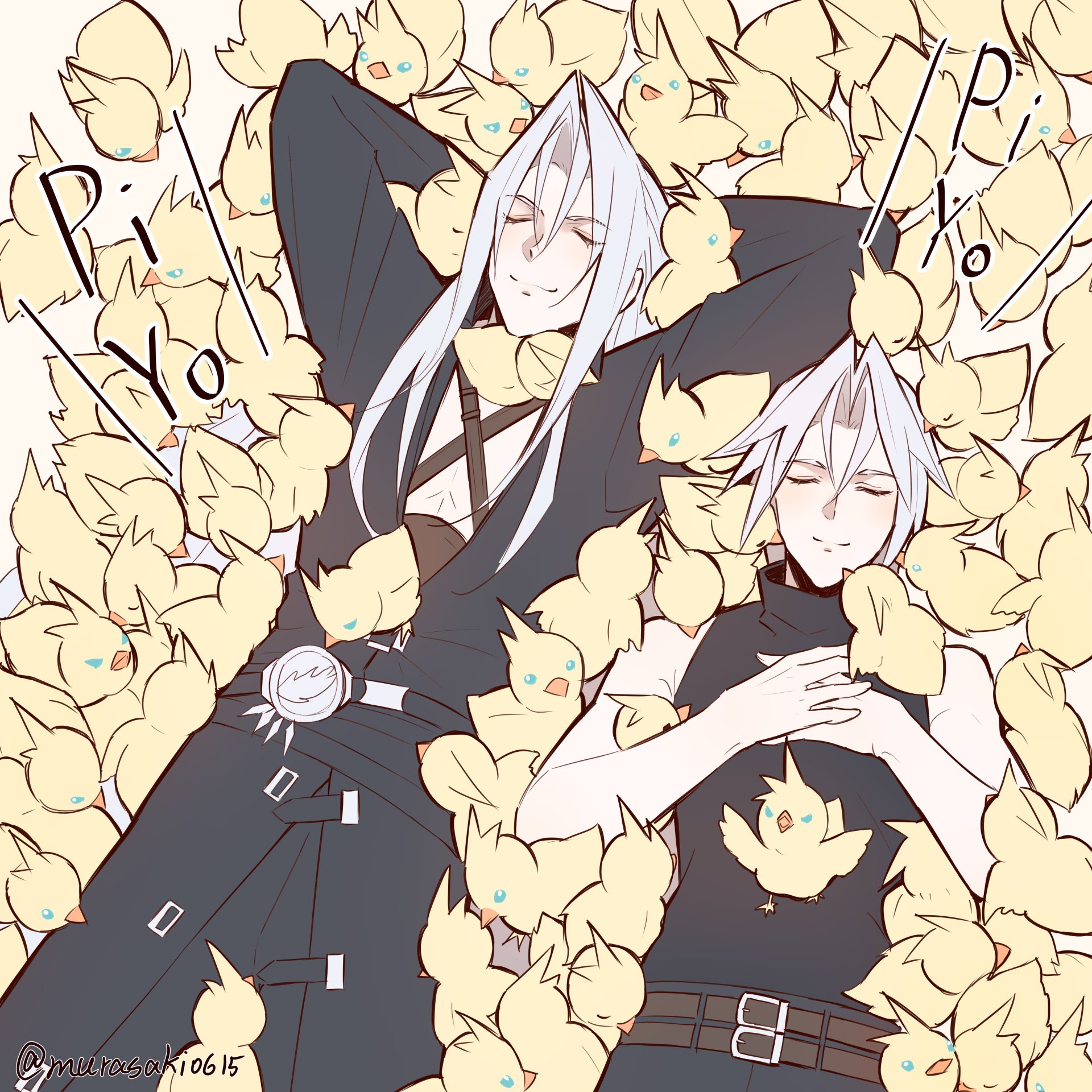 2boys age_comparison animalization arms_behind_head bare_arms bare_shoulders belt belt_buckle bird black_belt black_jacket black_shirt blue_eyes brown_belt buckle chest_strap closed_eyes closed_mouth cloud_strife final_fantasy final_fantasy_vii final_fantasy_vii_ever_crisis grey_hair hair_between_eyes hands_on_own_chest highres jacket long_bangs long_hair multiple_belts multiple_boys own_hands_together parted_bangs sephiroth sephiroth_(ever_crisis) shirt short_hair sleeveless sleeveless_turtleneck smile spiked_hair time_paradox too_many too_many_birds turtleneck twitter_username yellow_bird zi_(murasaki0615)
