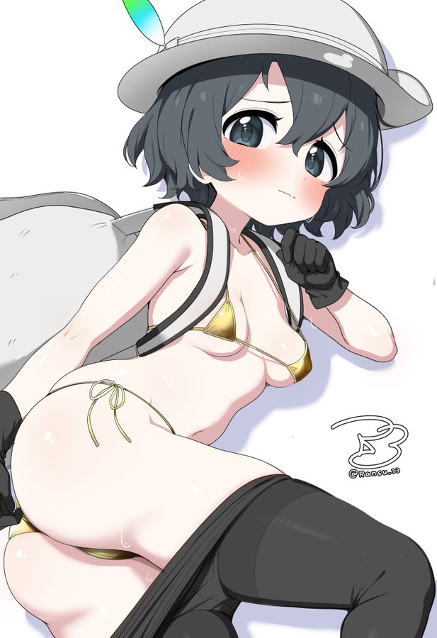 1girl ass backpack bag bikini black_hair black_pantyhose blue_eyes breasts clothes_pull gloves gold_bikini golden_week golden_week_bikini hat hat_feather helmet kaban_(kemono_friends) kemono_friends looking_at_viewer lying medium_breasts on_side pantyhose pantyhose_pull pith_helmet ransusan short_hair side-tie_bikini_bottom solo swimsuit