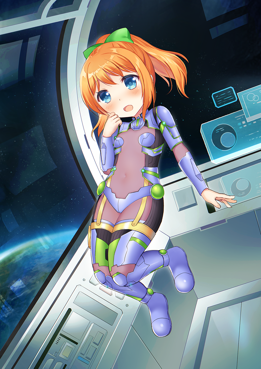 1girl :d blue_eyes blush bodysuit bow breasts commentary commission covered_navel craytm earth_(planet) english_commentary full_body green_bow hair_bow hand_to_own_mouth hand_up highres looking_at_viewer open_mouth orange_hair original pink_bodysuit planet ponytail small_breasts smile solo space spacecraft star_(sky) zero_gravity