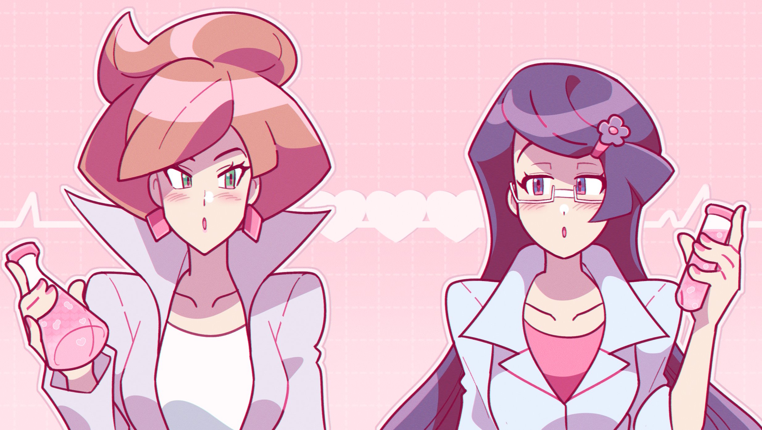 2girls :o professor_juniper beaker black_hair blue_eyes blush breasts brown_hair cardiogram close-up collarbone diamond_earrings earrings eyelashes fennel_(pokemon) glasses green_eyes hair_ornament hairclip heart highres holding holding_beaker jewelry lab_coat long_hair long_sleeves looking_at_another loveycloud medium_breasts multiple_girls nail_polish nintendo open_mouth outline pink_background pink_liquid pink_nails pink_shirt pokemon pokemon_bw shirt short_hair square_background upper_body white-framed_eyewear white_outline white_shirt