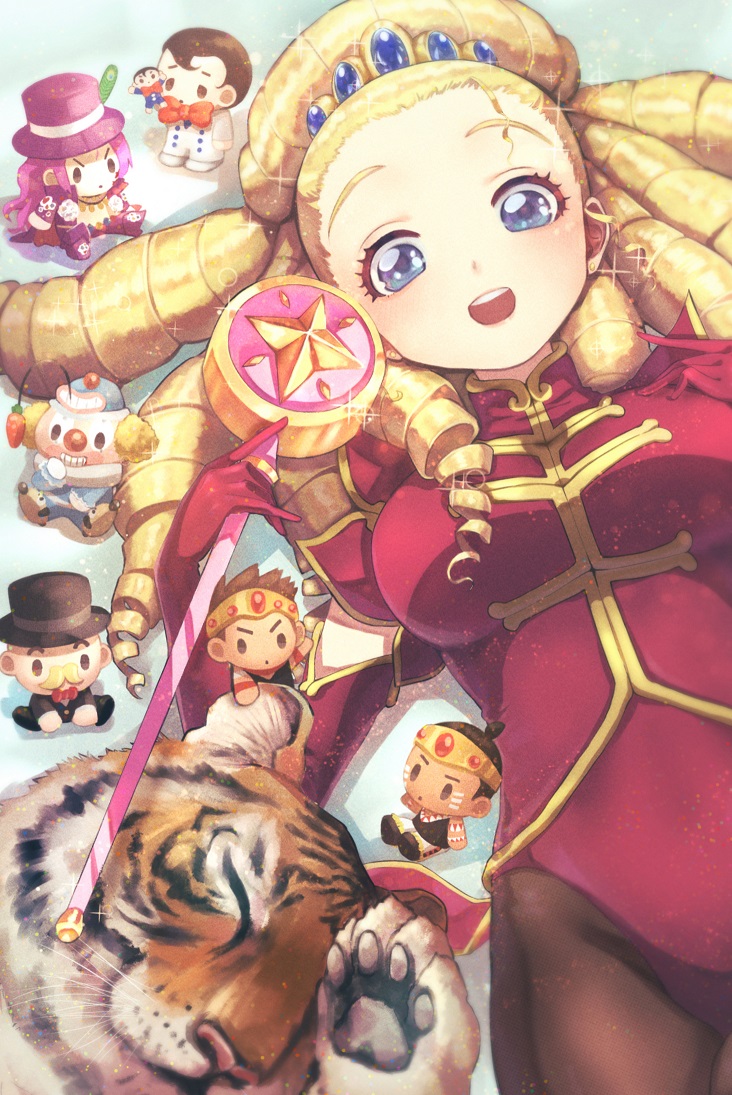 1girl :d ace_attorney acro_(ace_attorney) animal bat_(ace_attorney) benjamin_woodman black_pantyhose blonde_hair blue_eyes breasts capcom character_doll commentary curly_hair doll drill_hair elbow_gloves gloves hands_up happy holding holding_wand leotard light_blush long_hair looking_at_viewer lying max_galactica moe_(ace_attorney) on_back open_mouth pantyhose phoenix_wright:_ace_attorney_-_justice_for_all red_gloves red_leotard regent_(ace_attorney) regina_berry ringlets russell_berry sakota_(sakota_6box) smile solo sparkle teeth tiger trilo_quist upper_teeth_only wand