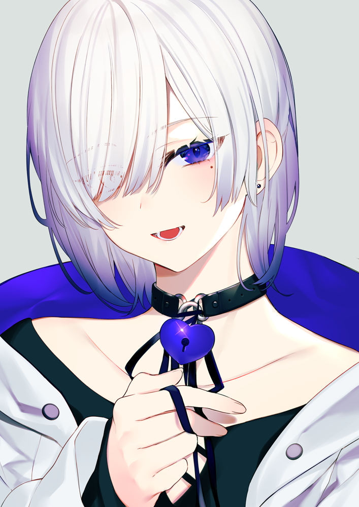 1girl :d achiki black_ribbon black_shirt blue_eyes blue_hair blush collarbone commentary_request earrings eyes_visible_through_hair female_focus gradient_hair grey_background hair_over_one_eye hand_up heart heart_lock jacket jewelry keyhole looking_at_viewer mole mole_under_eye multicolored_hair open_clothes open_jacket open_mouth original ribbon shirt short_hair silver_hair simple_background smile solo stud_earrings upper_body white_jacket
