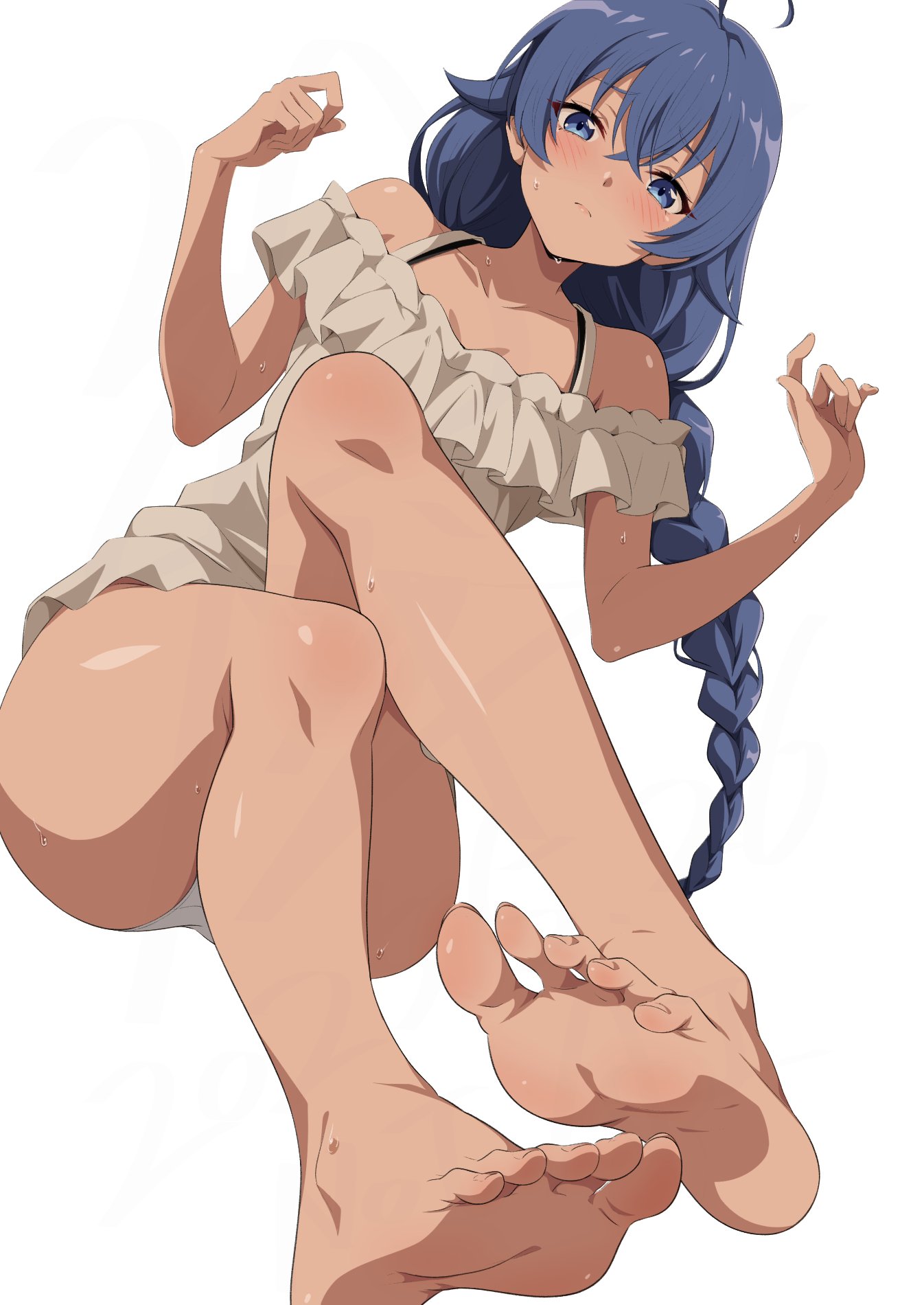 1girl ahoge bare_shoulders barefoot blue_eyes blue_hair blush braid braided_ponytail collarbone commentary crossed_bangs feet frilled_shirt frills full_body highres long_braid long_hair looking_at_viewer mushoku_tensei nishizuki_shino off-shoulder_shirt off_shoulder panties roxy_migurdia shirt simple_background sitting soles solo sweat underwear very_long_hair white_background white_panties white_shirt