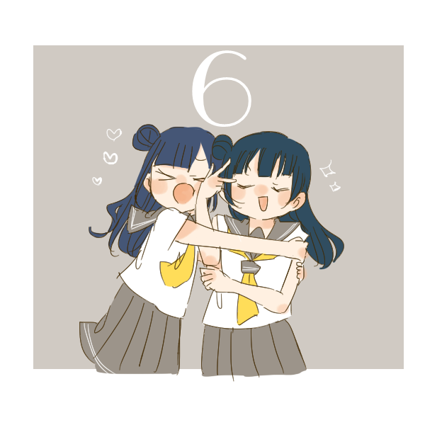 &gt;_&lt; 2girls :d animification blue_hair blunt_bangs blush border closed_eyes commentary countdown facing_viewer grey_background grey_sailor_collar grey_skirt hair_bun heart hug kase_(ks_lys) kobayashi_aika long_hair love_live! love_live!_sunshine!! miniskirt multiple_girls neckerchief open_mouth outside_border pleated_skirt real_life sailor_collar school_uniform serafuku shirt simple_background single_side_bun skirt sleeveless sleeveless_shirt smile sparkle summer_uniform tie_clip tsushima_yoshiko u_u uranohoshi_school_uniform voice_actor voice_actor_connection white_border white_shirt xd yellow_neckerchief