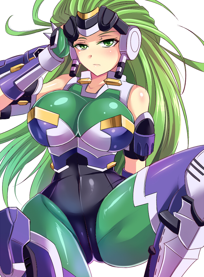 1girl armor aschen_brodel bare_shoulders breasts cameltoe collarbone female_focus fingerless_gloves gloves greaves green_eyes green_hair headgear large_breasts leg_up long_hair looking_at_viewer matching_hair/eyes nishida_megane solo spiked_knuckles spread_legs super_robot_wars super_robot_wars_og_saga_mugen_no_frontier thighs