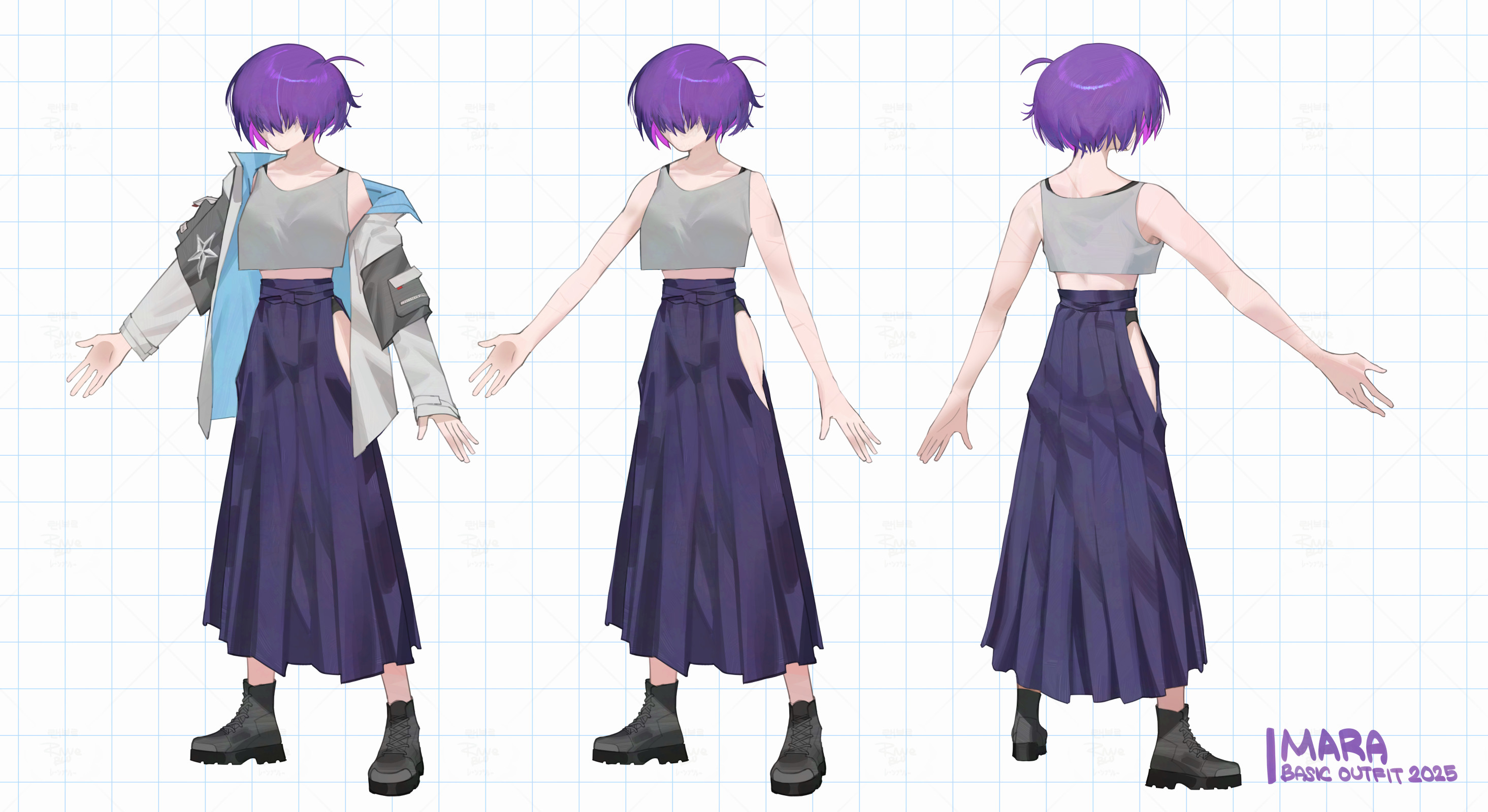 1girl ahoge bare_arms black_boots black_panties boots character_name coat crop_top crop_top_overhang english_text grid_background hair_over_eyes hat highres hip_vent mara_(raneblu) multiple_views original panties panty_peek purple_hat purple_skirt raneblu reference_sheet scar scar_on_arm short_hair skirt tank_top turnaround underwear white_coat
