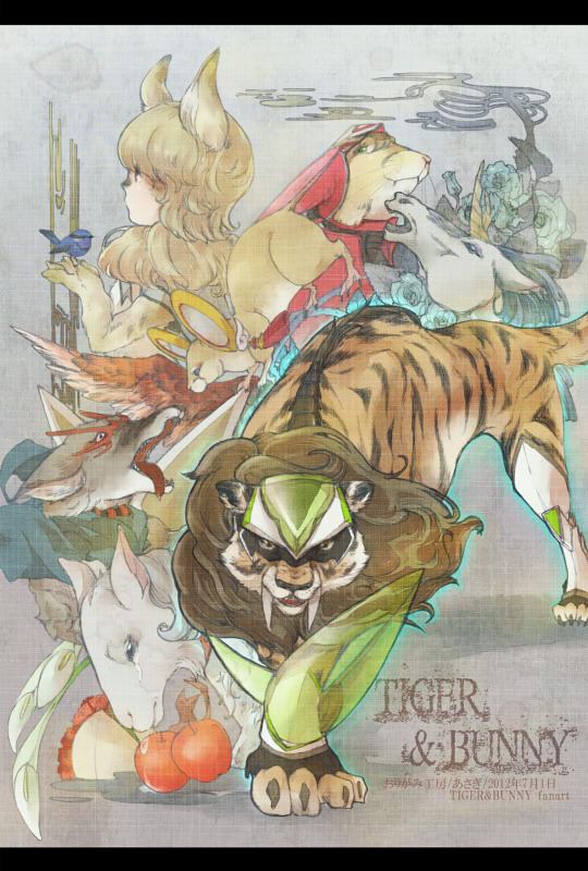 10s 1girl animal_ears animalization antonio_lopez apple armor barnaby_brooks_jr. bird blue_flower blue_rose blue_rose_(tiger_&amp;_bunny) cocohore dragon_kid fire_emblem_(tiger_&amp;_bunny) flower food fox fruit goat huang_baoling ivan_karelin kaburagi_t._kotetsu karina_lyle keith_goodman mouse_(animal) nathan_seymour origami_cyclone rabbit rock_bison rose sky_high_(tiger_&amp;_bunny) superhero_costume tears tiger tiger_&amp;_bunny unicorn wild_tiger