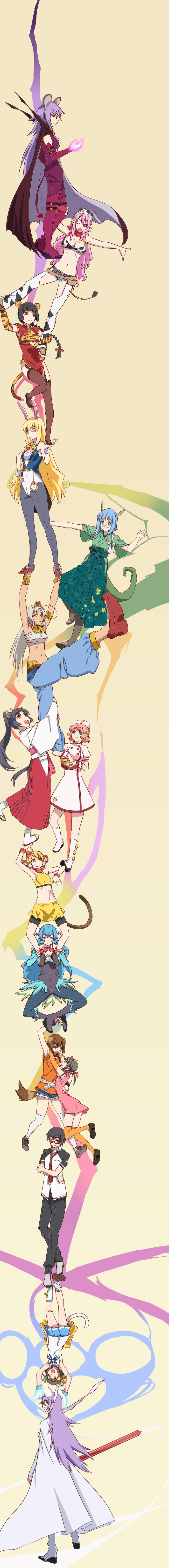 10s 1boy 6+girls :d ;d absurdres ahoge amato_takeru animal_ears animal_print armlet bandaid bandaid_on_face bandaid_on_knee bandaid_on_leg bike_shorts black_hair blonde_hair blue_hair blunt_bangs boots bow bracelet braid breasts bridal_gauntlets brown_hair cape cat_ears cat_tail chaps china_dress chinese_clothes chuu-tan cleavage cow_print cow_tail cutoffs dog_ears dog_tail dora-tan dragon_horns dragon_tail dress dual_persona durarara!! elbow_gloves etotama everyone fang flower garter_straps glasses gloves glowing glowing_hand green_eyes grey_hair grin hair_flower hair_ornament hat head_wings highres horns inu-tan japanese_clothes jewelry kii-tan large_breasts long_hair long_image mei-tan midriff monkey_ears monkey_tail moo-tan mouse_ears multiple_girls navel nurse nurse_cap nyaa-tan one_eye_closed open_mouth orange_legwear parody pink_dress pink_eyes pink_hair piyo-tan pocket_watch ponytail purple_eyes purple_hair rabbit_ears red_eyes school_uniform serafuku shaa-tan sheep_horns shikou_sakugo_(qqap9gt9k) shikousakugo shima-tan short_hair short_shorts shorts shorts_under_skirt simple_background single_braid skirt smile star_(symbol) star_hair_ornament sword tail tall_image thigh_boots thighhighs tiger_ears tiger_print tiger_tail trust_me_(durarara!!) twintails uma-tan upside-down uri-tan usa-tan watch weapon white_legwear wings yellow_eyes