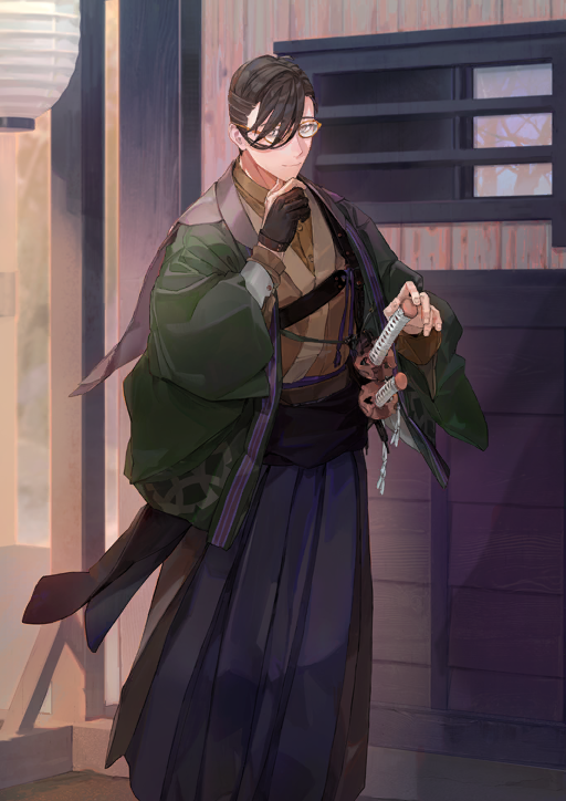 1boy armor black_gloves blue_hakama brown-framed_eyewear brown_hair brown_kimono brown_shirt closed_mouth fate/grand_order fate_(series) feet_out_of_frame game_cg glasses gloves green_haori grey_eyes hair_between_eyes hair_over_one_eye hakama hand_on_hilt hand_on_own_chin hands_up haori haori_himo japanese_armor japanese_clothes katana kibadori_rue kimono kote layered_sleeves long_sleeves looking_at_viewer male_focus official_art partially_fingerless_gloves round_eyewear sheath sheathed shirt short_hair shosei single_glove smile solo standing sword third-party_source variant_set weapon yamanami_keisuke_(fate)