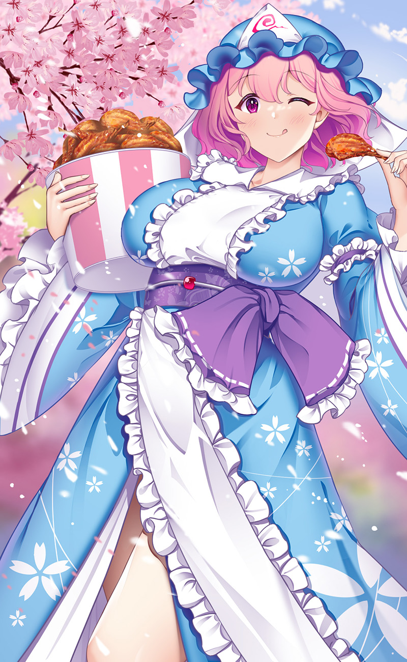 1girl ;q blue_kimono blurry blurry_background blush breasts bucket_of_chicken cherry_blossoms chicken_(food) chicken_leg closed_mouth collarbone commentary_request feet_out_of_frame floral_print floral_print_kimono food fried_chicken frilled_kimono frilled_sleeves frills hat hataraki_kuma highres holding holding_food japanese_clothes kimono large_breasts looking_at_viewer mob_cap obi obijime one_eye_closed outdoors pink_eyes pink_hair print_kimono purple_sash saigyouji_yuyuko sash short_hair smile solo thighs tongue tongue_out touhou triangular_headpiece wide_sleeves