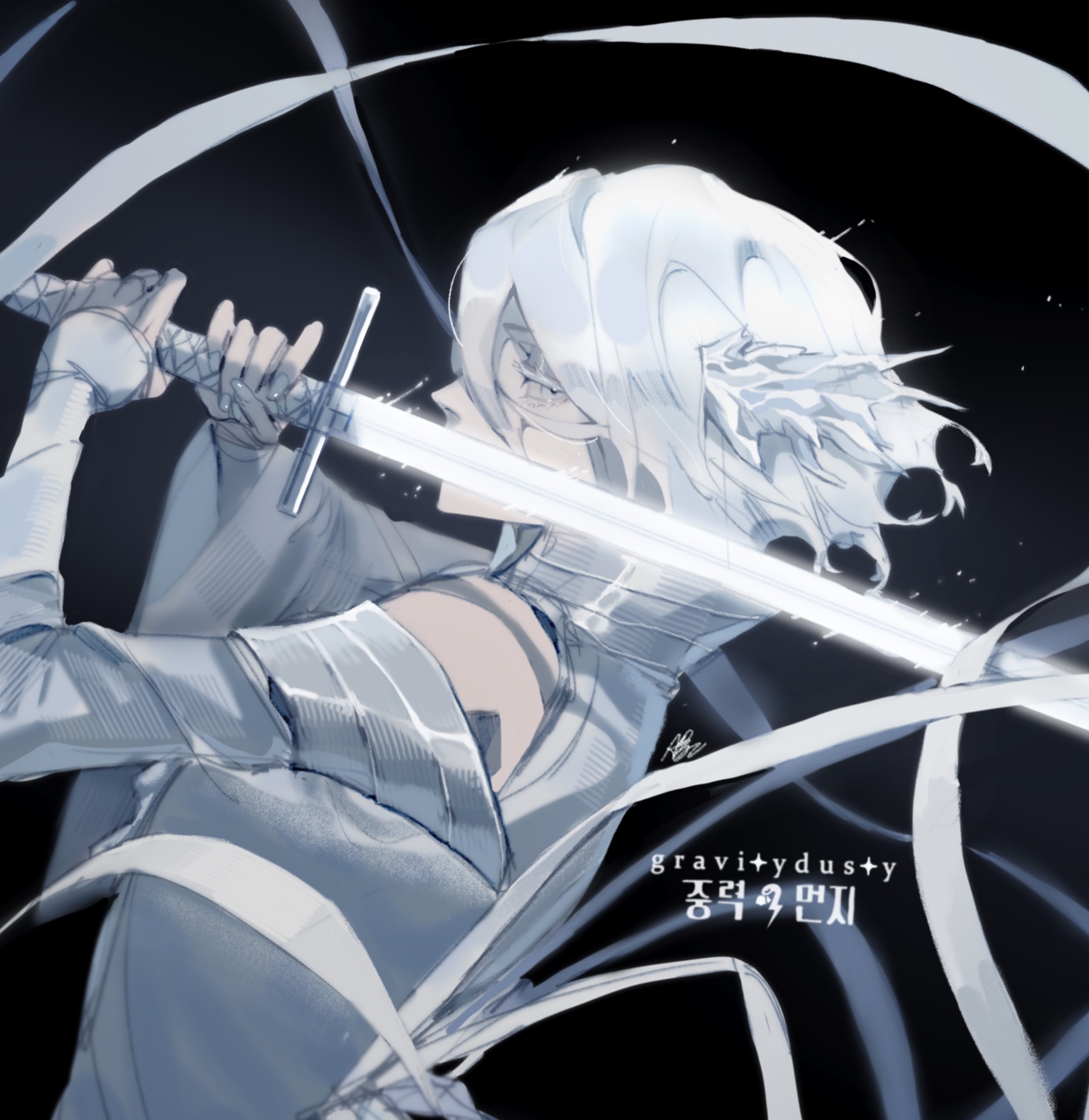 1girl artist_name bare_shoulders black_background bleach bleach:_sennen_kessen-hen detached_sleeves glowing glowing_sword glowing_weapon gravitydusty hair_ornament highres holding holding_sword holding_weapon japanese_clothes katana kimono looking_at_viewer profile short_hair sideways_glance sode_no_shirayuki solo sword upper_body weapon white_eyes white_hair wide_sleeves