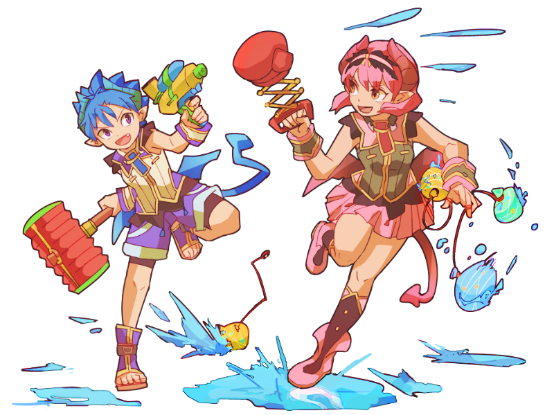 1boy 1girl blue_hair blush dark_skin demon_boy demon_girl demon_tail demon_wings fang full_body geetgeet horns low_wings mini_wings open_mouth pink_hair pointy_ears pop-up_story purple_eyes revia_serge sandals short_hair simple_background smile tail white_background wings yellow_eyes ziz_glover