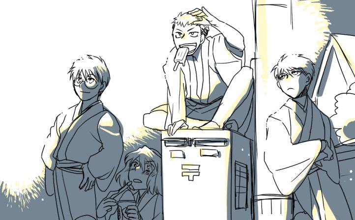00s 4boys akariya_kuubu blush eating closed_eyes fangs fireworks food glasses hands_on_own_hips inui_arihiko japanese_clothes male_focus monochrome multiple_boys nanaya_shiki open_clothes popsicle shaved_ice short_hair sitting smile tohno_shiki tohno_shiki_(2) tsukihime type-moon utility_pole