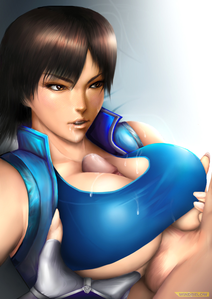 1girl breasts_squeezed_together breasts brown_eyes brown_hair cleavage clothed_female_nude_male commentary dark-skinned_male dark_skin fingerless_gloves gloves huge_breasts kazama_asuka nude paizuri paizuri_under_clothes paul_phoenix penis short_hair solo_focus sweat tekken uncensored underboob windbelow