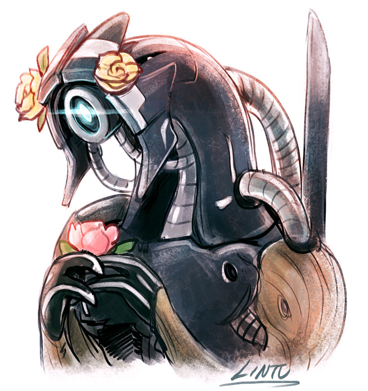 flower flower_on_head geth holding holding_flower joints legion_(mass_effect) lintufriikki mass_effect_(series) mechanical_arms robot robot_joints solo solo_focus tumblr tumblr_username white_background