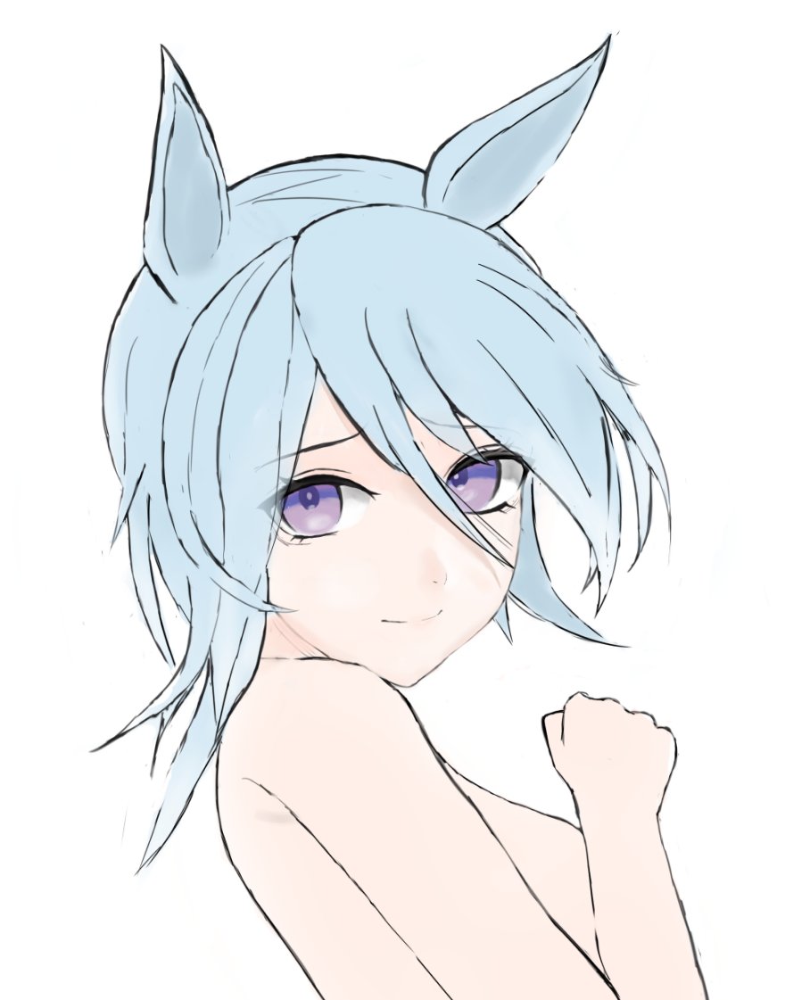 1girl animal_ears ann_(ayat1e) blue_hair breasts closed_mouth completely_nude hair_between_eyes horse_ears k.s.miracle_(umamusume) looking_at_viewer looking_to_the_side medium_breasts nude purple_eyes short_hair simple_background smile solo umamusume upper_body white_background