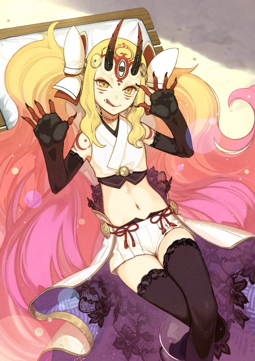 1girl bare_shoulders beach_chair black_claws black_gloves black_thighhighs blonde_hair bow colored_extremities colored_skin crop_top crossed_legs elbow_gloves facial_mark fate/grand_order fate_(series) feet_out_of_frame fingerless_gloves forehead_mark gloves gradient_hair hair_bow hands_up hidari_(left_side) ibaraki_douji_(fate) ibaraki_douji_(fate/grand_order) ibaraki_douji_(swimsuit_lancer)_(fate) ibaraki_douji_(swimsuit_lancer)_(third_ascension)_(fate) japanese_clothes lace lace-trimmed_gloves lace-trimmed_legwear lace-trimmed_thighhighs lace_trim lens_flare long_hair long_sidelocks multicolored_hair multicolored_skin navel official_art pink_hair red_skin sand shirt short_shorts shorts showgirl_skirt sidelocks sleeveless sleeveless_shirt solo stomach thighhighs third-party_source twintails two-tone_skin variant_set very_long_hair white_bow white_shirt white_shorts