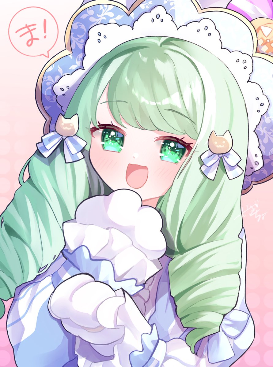 1girl :d animal_hands blunt_bangs drill_hair fire_emblem fire_emblem:_three_houses fire_emblem_heroes flayn_(fire_emblem) flayn_(halloween)_(fire_emblem) gloves green_eyes green_hair hair_ornament highres karingityou long_sleeves looking_at_viewer nintendo official_alternate_costume open_mouth paw_gloves smile solo twin_drills upper_body