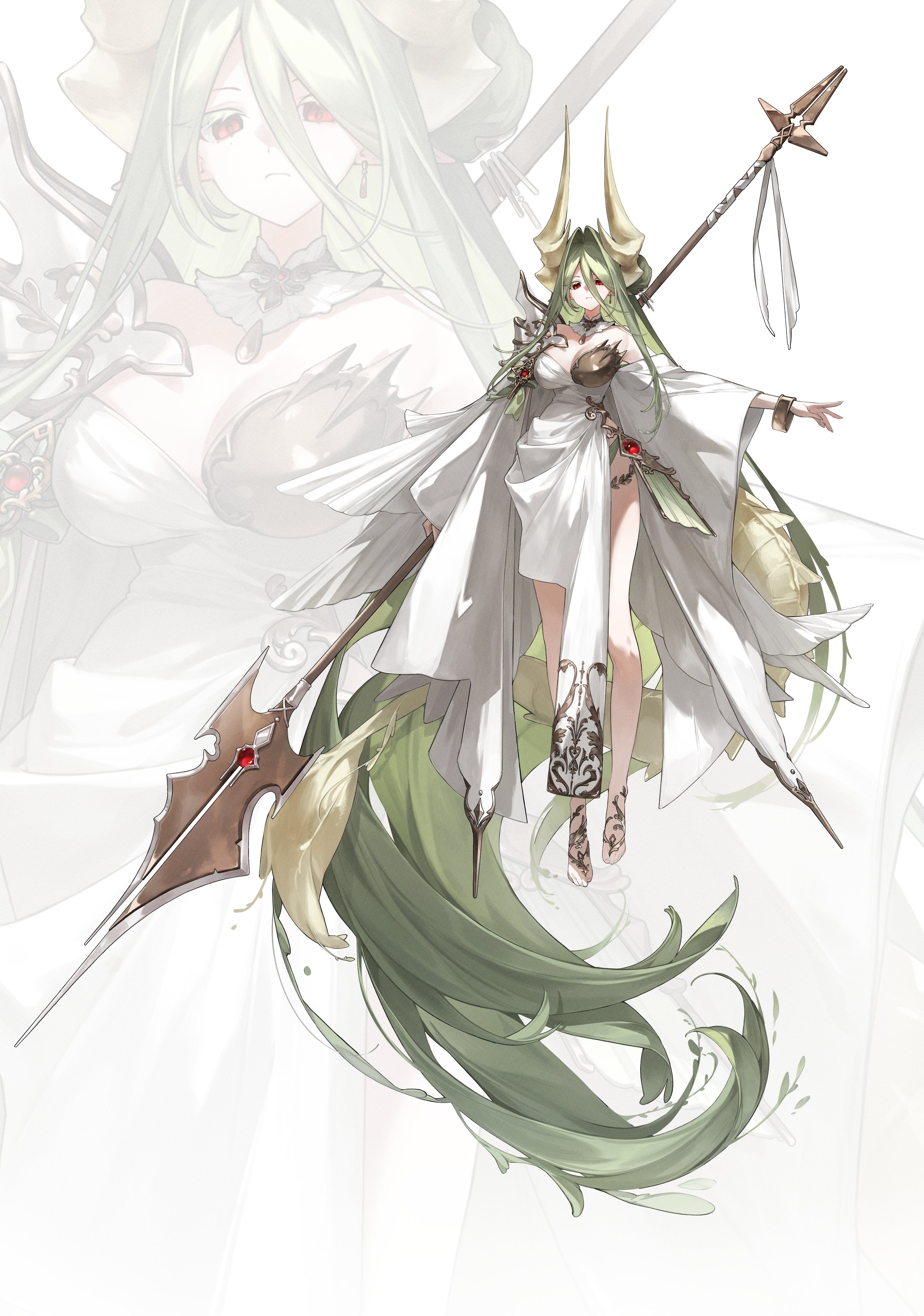 1girl absurdly_long_hair absurdres asymmetrical_dress bracelet breasts closed_mouth commentary detached_collar dress earrings full_body gem green_hair hair_between_eyes hair_intakes highres holding holding_weapon huge_horns jewelry jyuuku large_breasts long_hair long_hair_between_eyes looking_at_viewer no_shoes original pointy_ears red_eyes red_gemstone solo symbol-only_commentary tail very_long_hair weapon white_dress zoom_layer