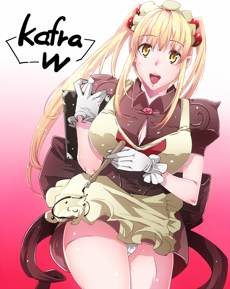 1girl apron blonde_hair breasts brown_dress button_gap cevoy character_name clipboard commentary_request cowboy_shot curly_sue dress frilled_apron frills gloves gradient_background hair_bobbles hair_ornament holding holding_clipboard holding_pen kafra_uniform large_breasts long_hair looking_at_viewer maid maid_headdress open_mouth panties pantyshot pen pink_background poring puffy_short_sleeves puffy_sleeves ragnarok_online short_sleeves smile solo twintails underwear white_apron white_background white_gloves white_panties yellow_eyes
