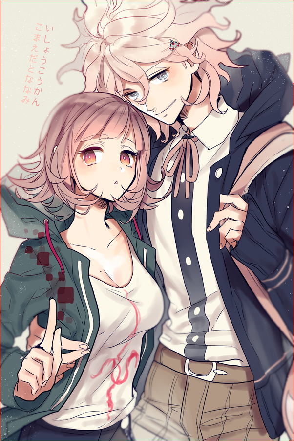 1boy 1girl backpack bad_id bad_pixiv_id bag blue_eyes cosplay costume_switch danganronpa_(series) flipped_hair hair_ornament hairclip hood hoodie inseki_tarou jacket komaeda_nagito komaeda_nagito_(cosplay) nanami_chiaki nanami_chiaki_(cosplay) pink_eyes pink_hair smile danganronpa_2:_goodbye_despair thighhighs translation_request triangle_mouth v white_hair
