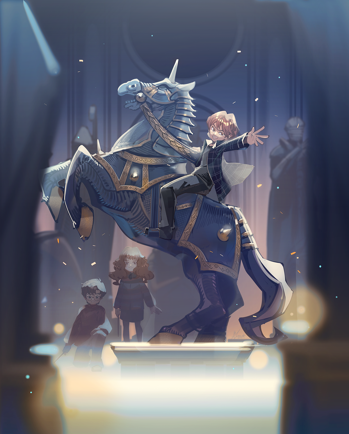 bishop_(chess) black_hair board_game brown_hair chess chess_piece emase_(foxmoon) glasses hand_up harry_potter harry_potter_(series) hermione_granger highres horseback_riding knight_(chess) queen_(chess) red_hair riding ron_weasley smile wizarding_world