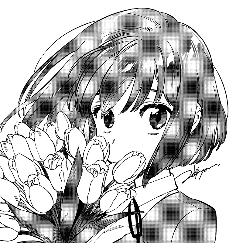 artist_name bouquet collared_shirt commentary commentary_request covered_mouth dress_shirt eyebrows_hidden_by_hair flower greyscale hair_between_eyes jacket kushieda_minori looking_at_viewer medium_hair monochrome neck_ribbon oohashi_high_school_uniform ribbon school_uniform shirt sidelocks toradora! tulip upper_body white_background zekkyou_(h9s9)