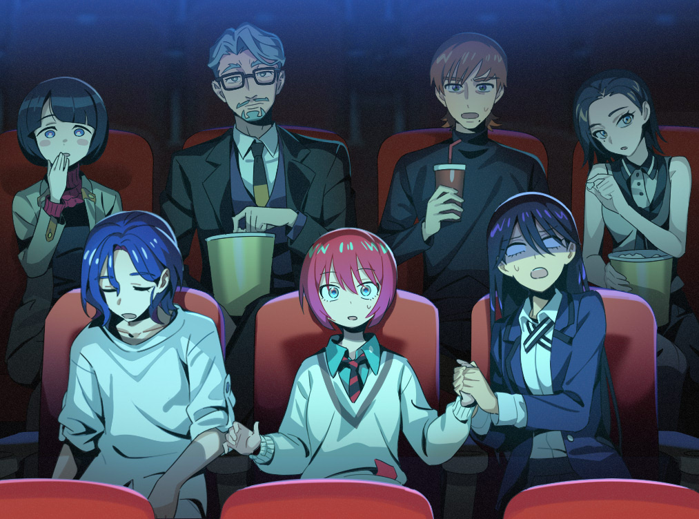 3boys 4girls amate_yuzuriha aqua_eyes beard black_hair blank_eyes blue_eyes blue_hair blush_stickers bob_cut brown_hair brown_jacket challia_bull chinese_commentary closed_eyes collared_shirt commentary_request comoli_harcourt cup facial_hair food green_eyes grey_hair gundam gundam_gquuuuuux holding holding_cup holding_food holding_hands indoors jacket liang_chan_xing_make_tu long_hair long_sleeves looking_at_viewer lower_eyelashes_only mole mole_under_eye mole_under_mouth movie_theater multiple_boys multiple_girls mustache necktie nyaan_(gundam_gquuuuuux) on_chair open_mouth popcorn purple_hair red_hair school_uniform shaded_face shiiko_sugai shirt short_hair shuji_ito sitting sleeping sweatdrop sweater turtleneck xavier_olivette